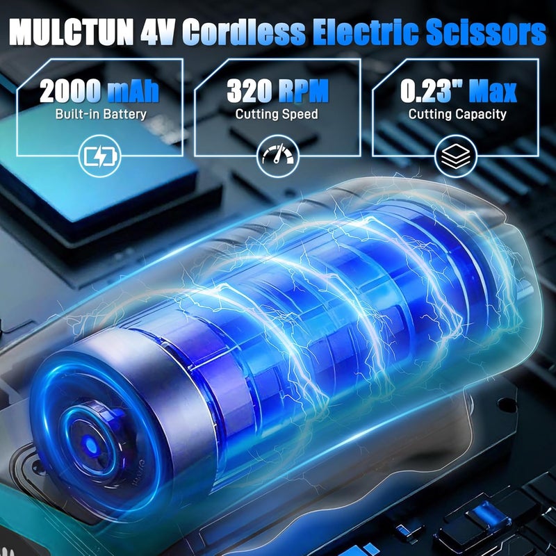Mulctun قاطع صناديق كهربائي مع 4 شفرات أمان، حقيبة تخزين، قاطع كرتون مع قفل أمان، ضوء LED، مقصات كهربائية لاسلكية 4V 2000mAh لصناديق الكرتون والسجاد والقماش والجلد (أزرق داكن) - Image 3